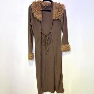 _brown fur collar flannelette long cardigan🤎